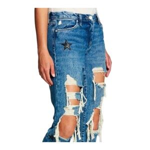 Blank NYC The Ludlow Girlfriend Distressed Crop Star Patch Jeans Blue 27